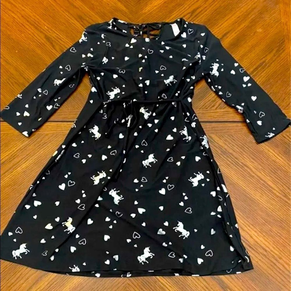 Girls Justice Unicorn & Heart Long Sleeve Dress Size 12/14 Black &‎ Silver